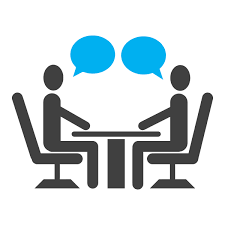 Graphic of two people sitting at a table talking
