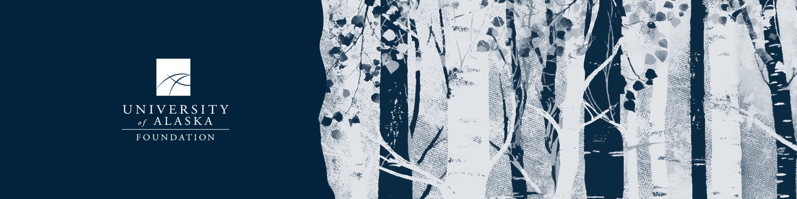 Graphic rendition of blue and white birch trees with the UA Foundation Logo