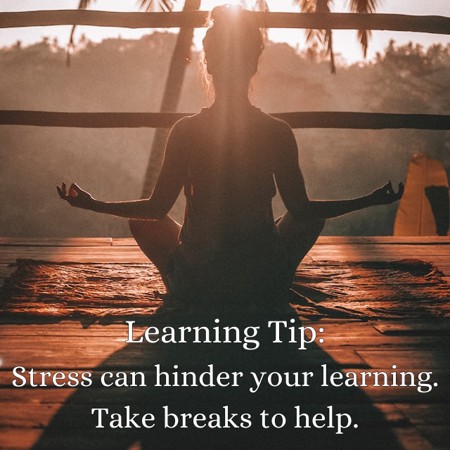 silhouette of person doing yoga lotus position with words "Learning Tip: Stress can hinder your learning. Take breaks to help."