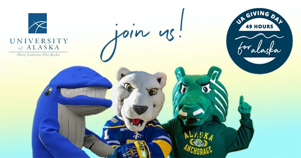 UAS, UAF and UAA mascots on graphic advertising UA Giving Day