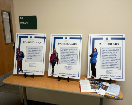 three posters featuring UA Scholars sit outside the meeting room