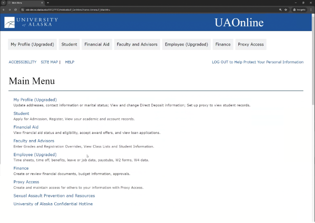 Screenshot of updated UAOnline menu
