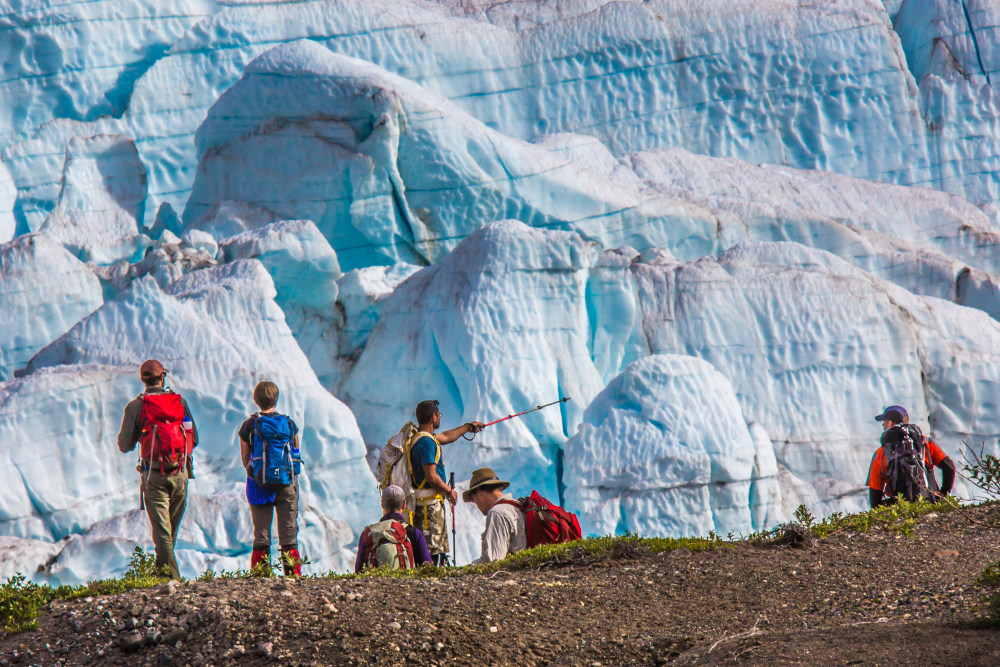 Students on a field expedition near glaciers
