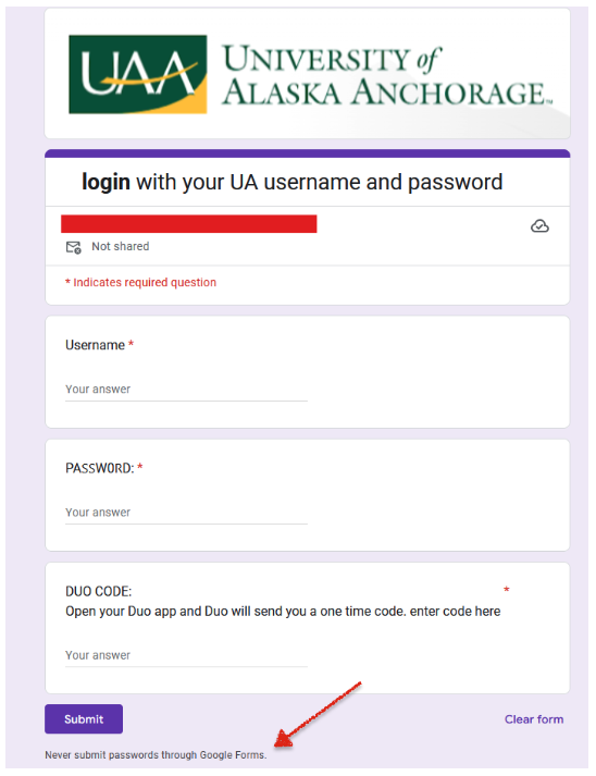 fraudulent form requesting login information