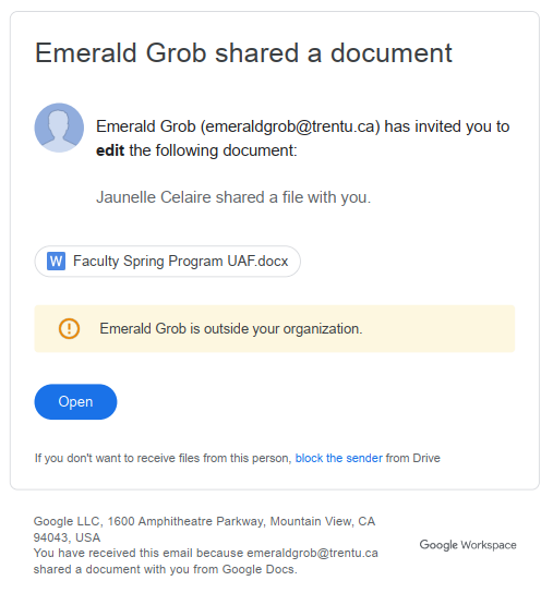 image of invitation to share a file from Google