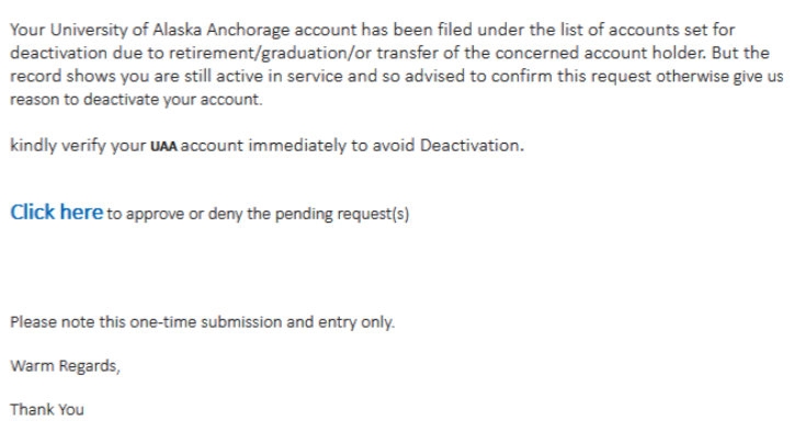 image of an email threatening deactivation of your account