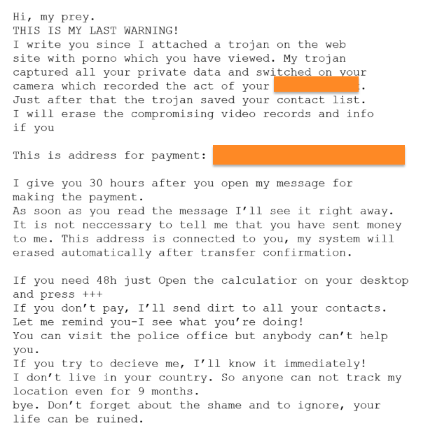 image of email trying to extort bitcoin