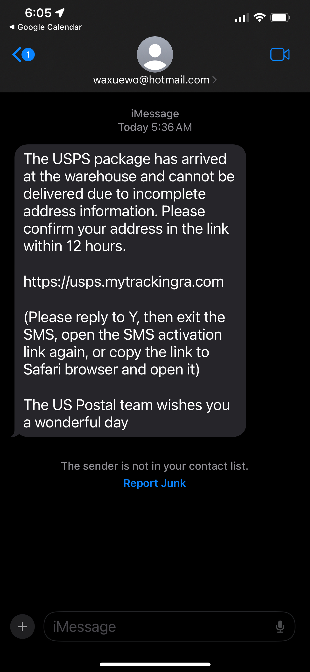 image of fraudulent shipping text