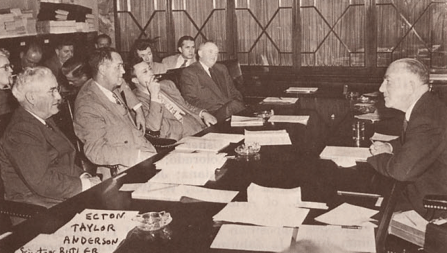 Governor Ernest Gruening of Alaska testifies before the Senate Interior and Insular Affairs Committee in 1950. Seated from left to right are: Sen. Hugh Butler (Neb), Sen. Clinton Anderson (NM), Sen. Glen Taylor (ID) and Sen. Zales Ecton (Montana).