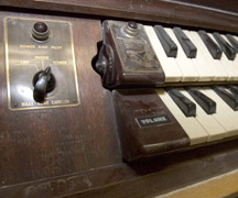 The keyboard of the Mass Rowe Carillon. 2005 UAF photo by Todd Paris