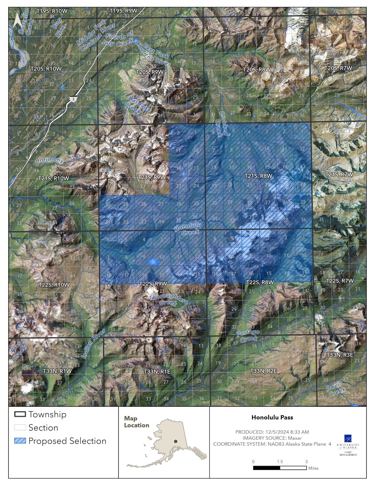 Map depicting the proposed selection of approximately 58,893 acres of the lands at Honolulu Pass.