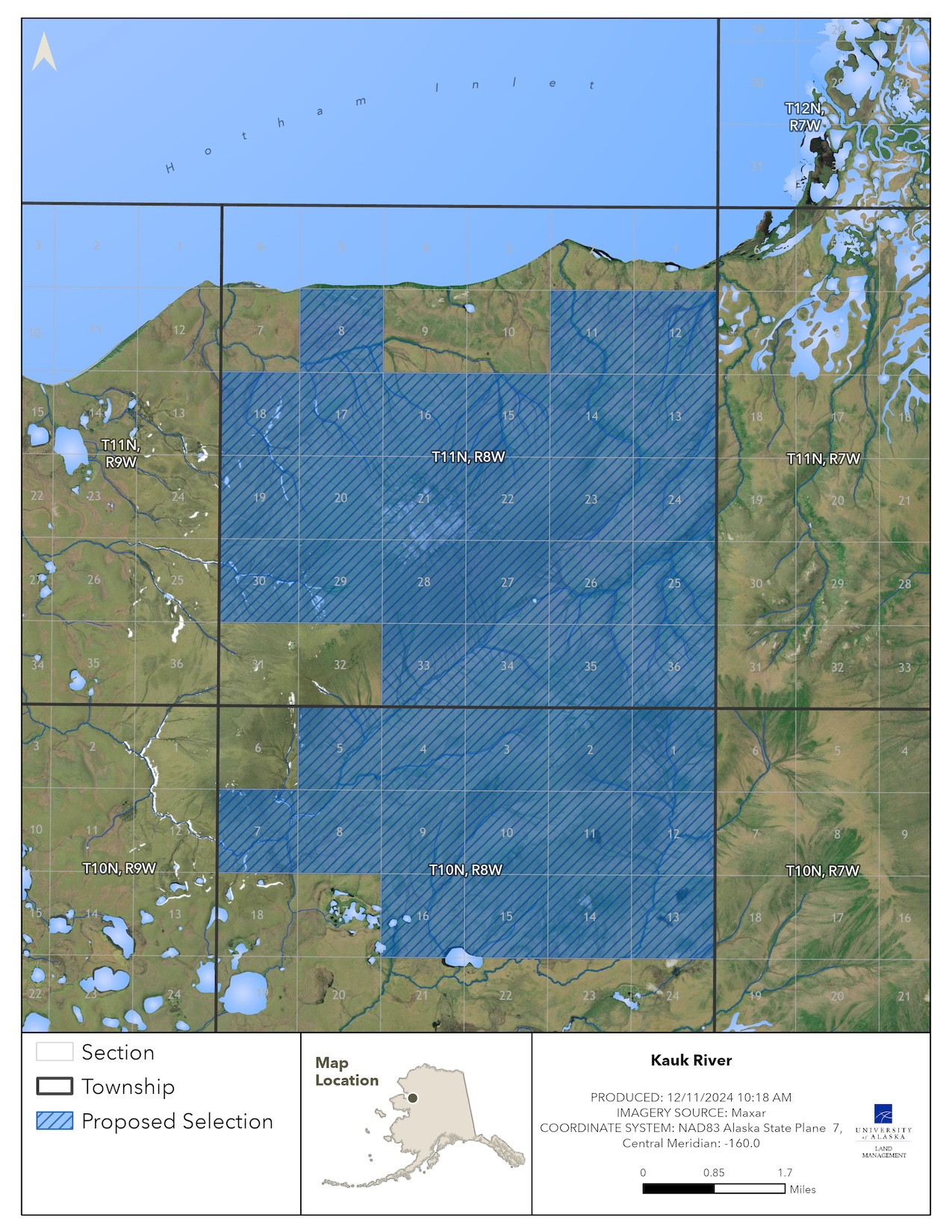 Map depicting the proposed selection of approximately 25,441 acres of the lands on Kauk River