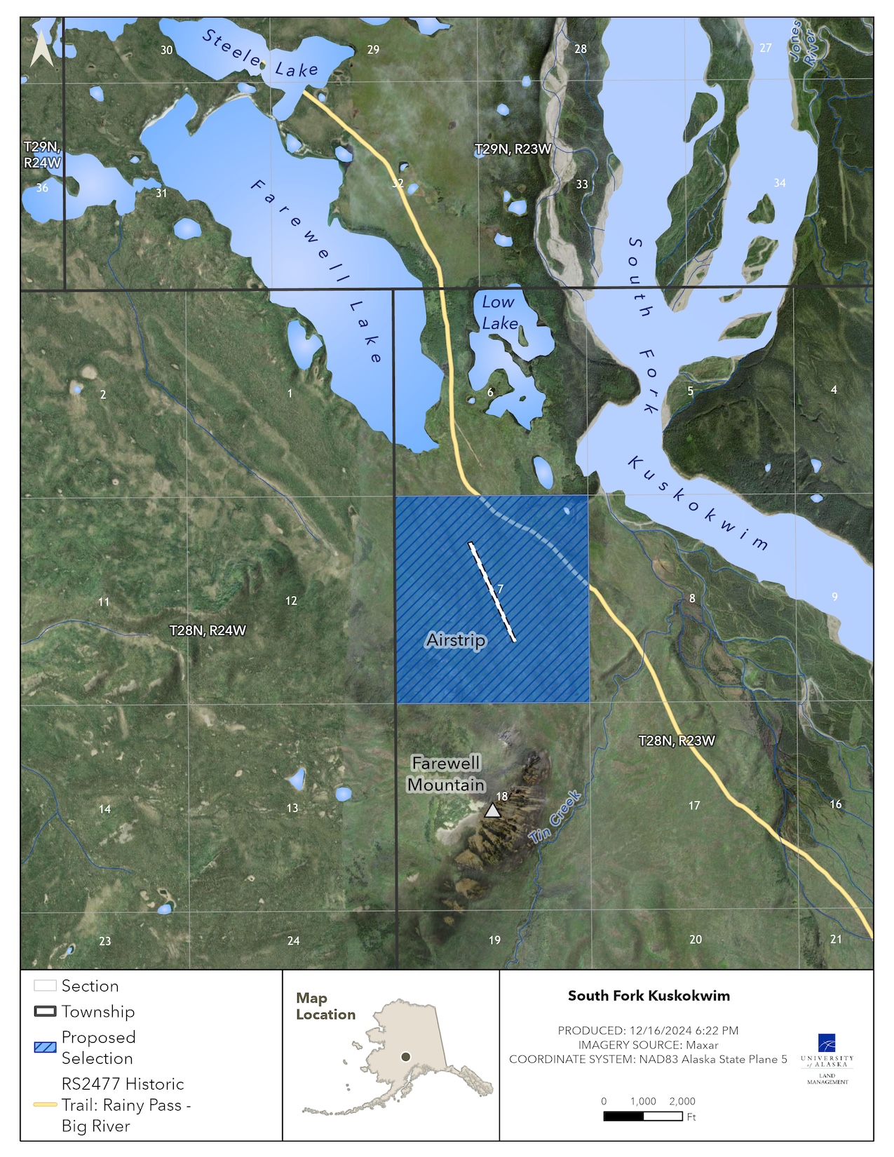 Map depicting the proposed selection of approximately 598.69 acres of the lands near South Fork Kuskokwim