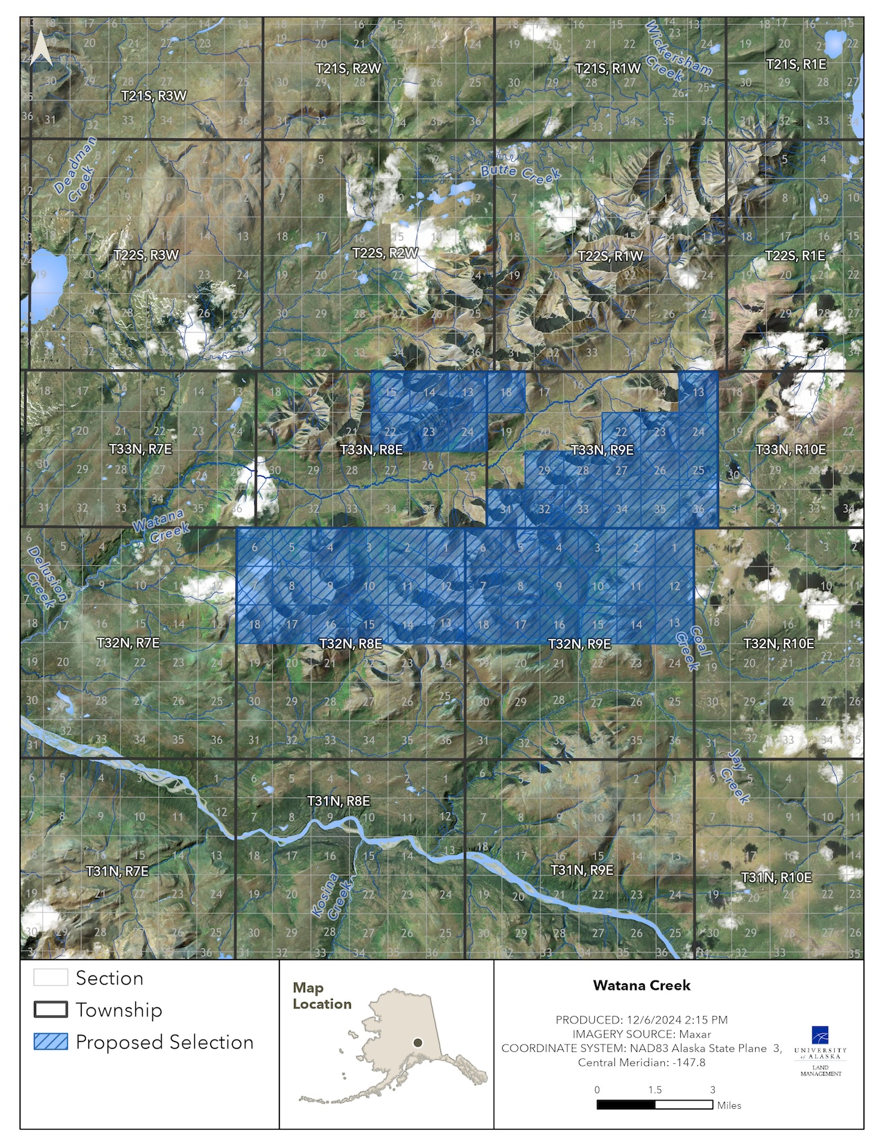 Map depicting the proposed selection of approximately 37,055 acres of the lands near Watana Creek